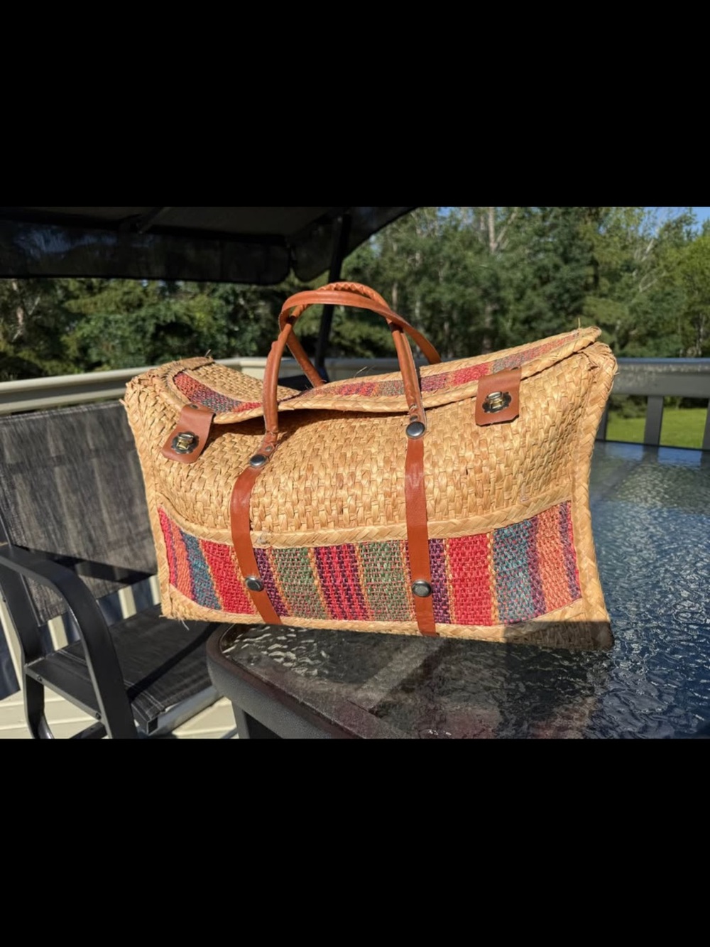 Woven Straw Weekender Bag with Multicolor Stripe Accents